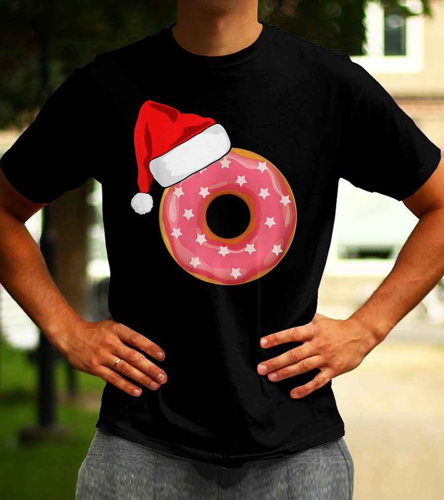 Santa Hat On Pink Strawberry Donut With Stars T-Shirt