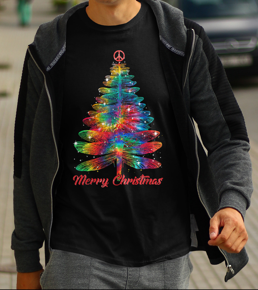 Merry Christmas Dragonfly Peace Sign Christmas Tree T-Shirt