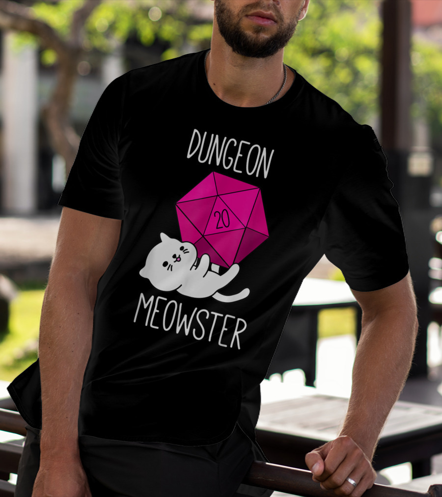 Dungeon Meowster Funny Nerdy Cat D20 Dice T-Shirt