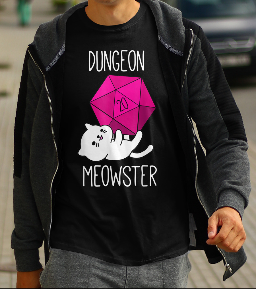 Dungeon Meowster Funny Nerdy Cat D20 Dice T-Shirt