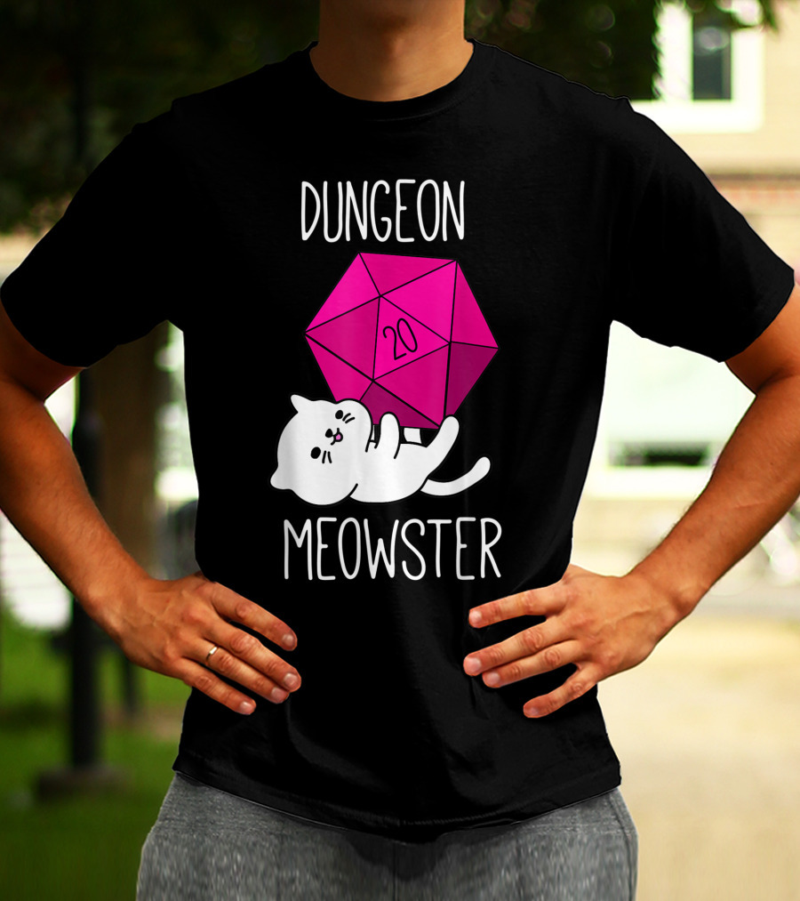Dungeon Meowster Funny Nerdy Cat D20 Dice T-Shirt
