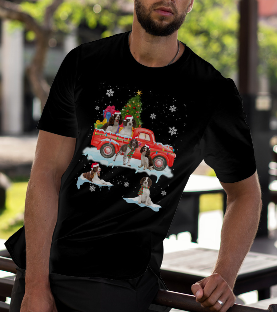 English Springer Spaniel Christmas Scene With Santa Hats On Red Truck And Snowflakes T-Shirt