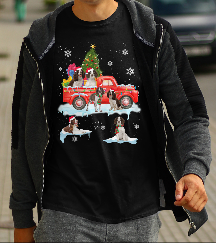 English Springer Spaniel Christmas Scene With Santa Hats On Red Truck And Snowflakes T-Shirt
