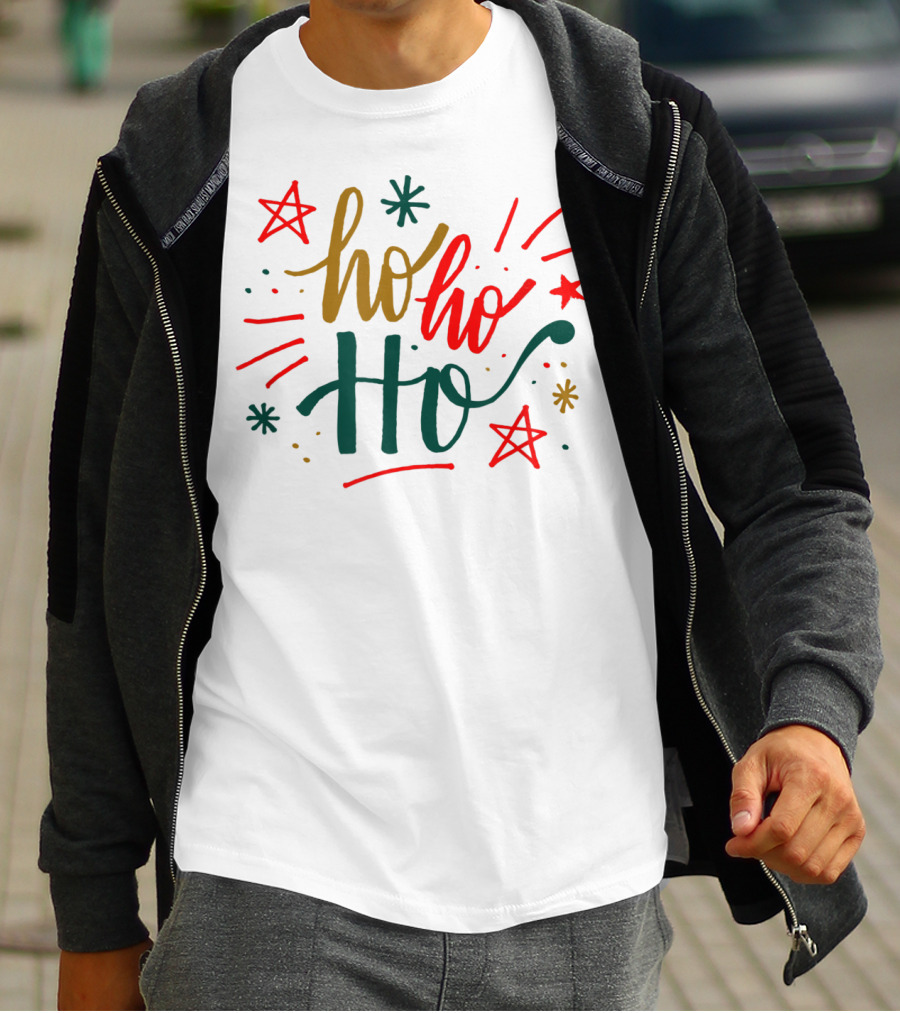 Festive Bright Red And Green Christmas Ho Ho Ho Stars T-Shirt