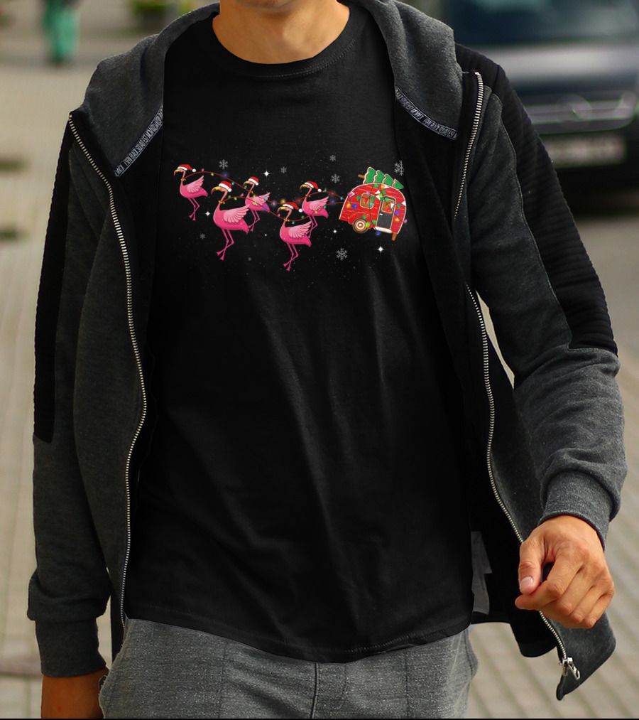 Flamingo Camper Santa Hat Christmas Glamping With Snowflakes T-Shirt