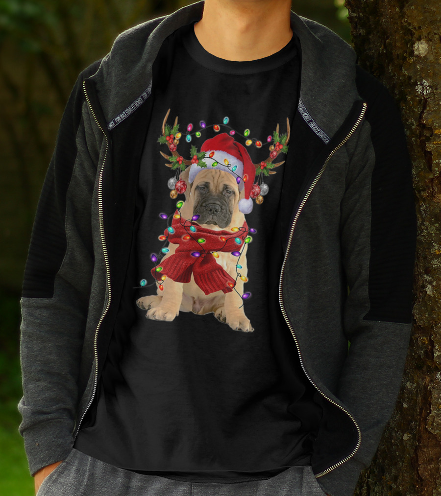 Festive Bull Mastiff Reindeer Lights Christmas Dog T-Shirt