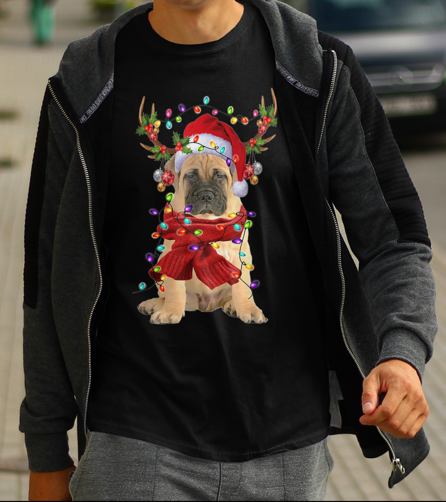 Festive Bull Mastiff Reindeer Lights Christmas Dog T-Shirt