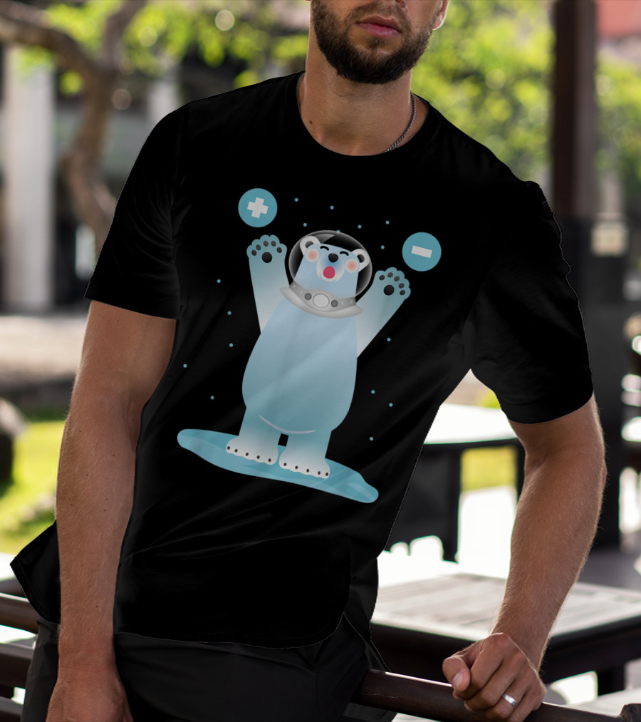 Funny Polar Bear In Space Helmet With Plus And Minus Chemistry Symbols T-Shirt