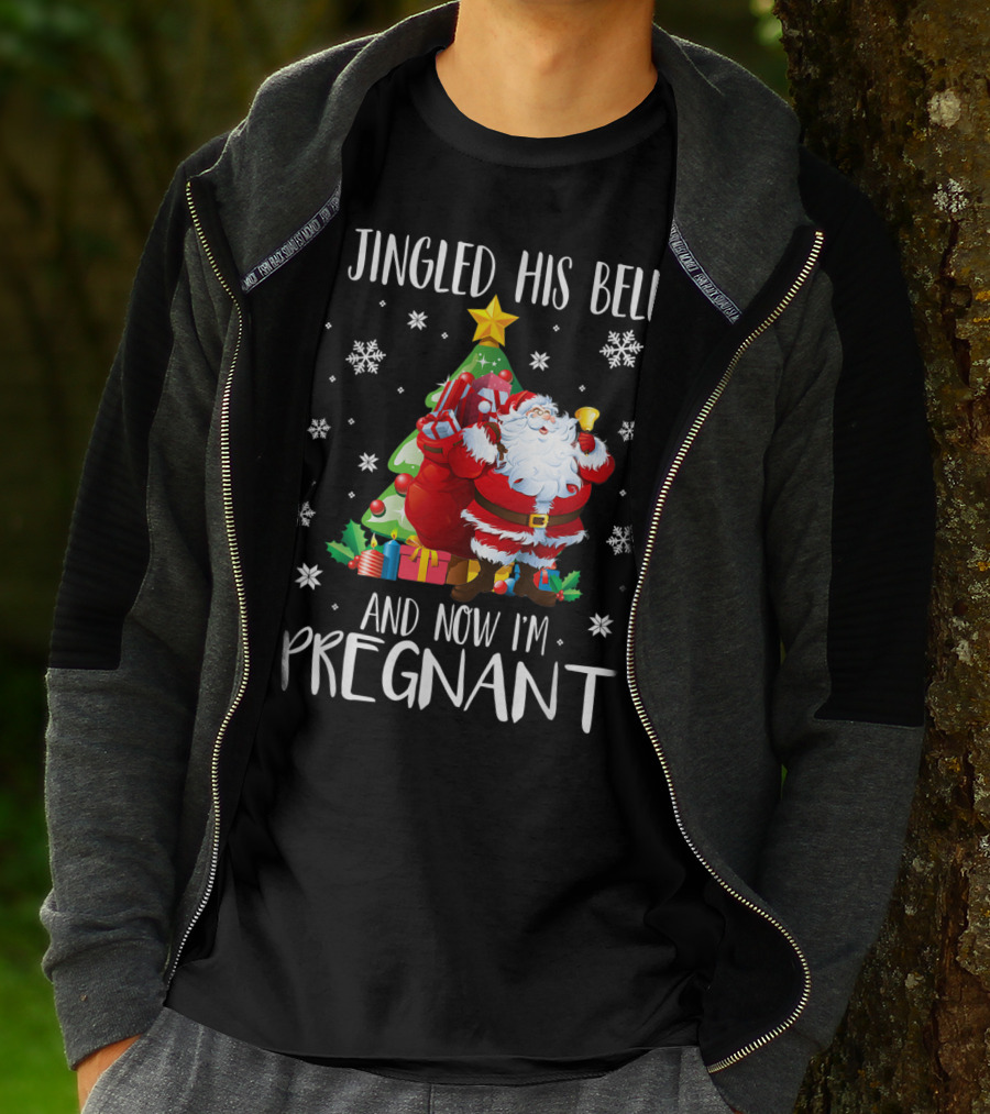 I Jingled His Bells Christmas Pregnancy Announcement Santa Snowflakes Tree T-Shirt