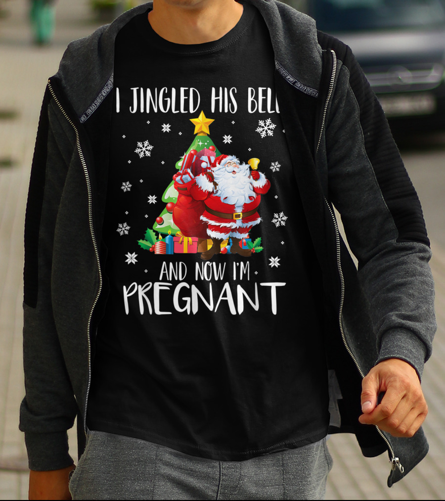 I Jingled His Bells Christmas Pregnancy Announcement Santa Snowflakes Tree T-Shirt