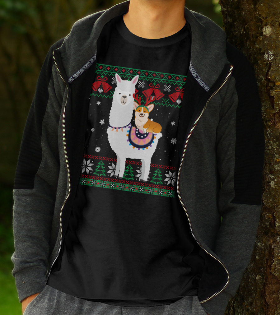 Christmas Corgi Riding Llama With Snowflakes And Reindeer Antlers T-Shirt