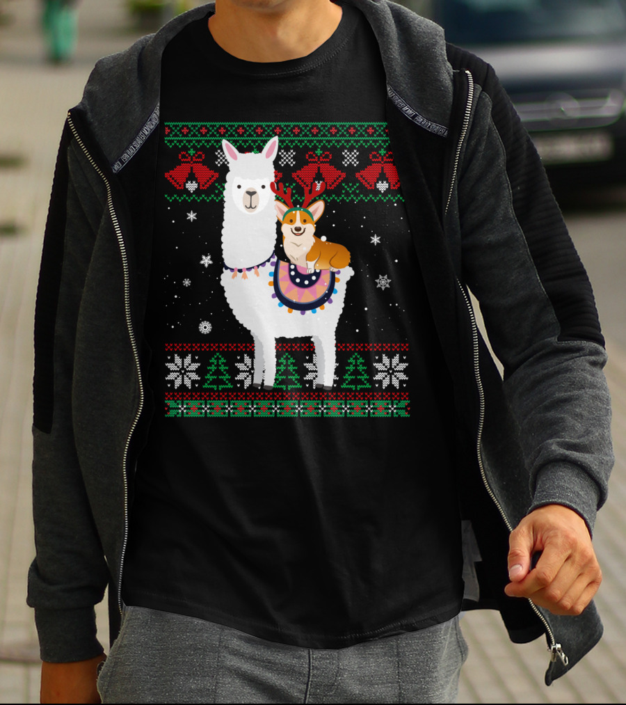 Christmas Corgi Riding Llama With Snowflakes And Reindeer Antlers T-Shirt