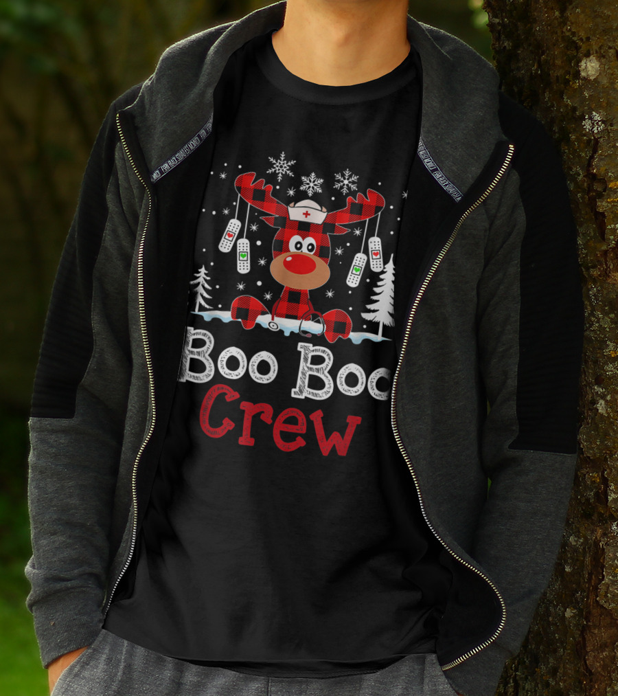 Boo Boo Crew Funny Cute Reindeer Buffalo Plaid T-Shirt