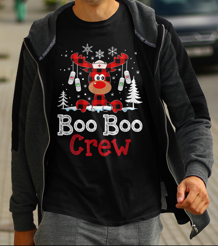 Boo Boo Crew Funny Cute Reindeer Buffalo Plaid T-Shirt