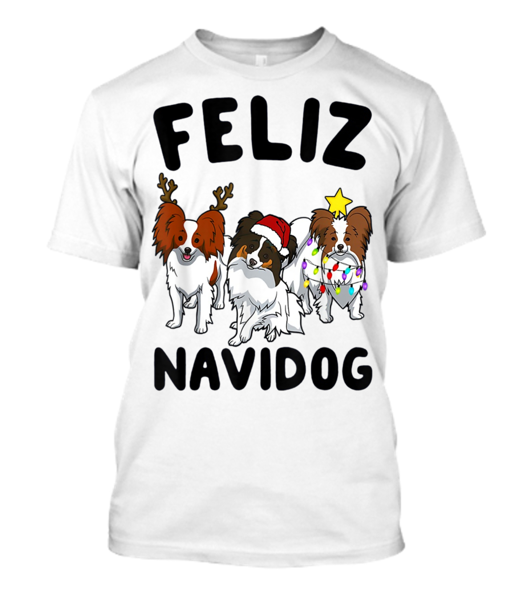Feliz Navidog Funny Papillon Reindeer Santa Hat Christmas Lights T-Shirt