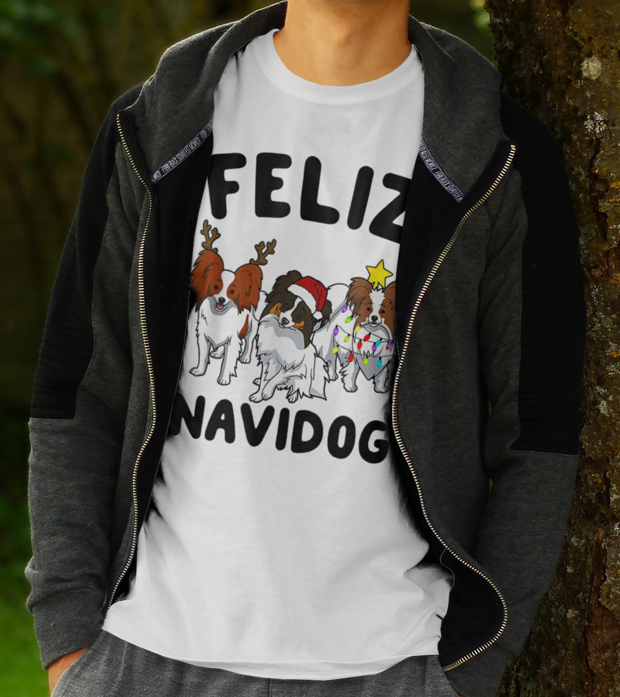 Feliz Navidog Funny Papillon Reindeer Santa Hat Christmas Lights T-Shirt