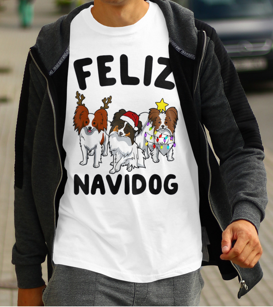 Feliz Navidog Funny Papillon Reindeer Santa Hat Christmas Lights T-Shirt