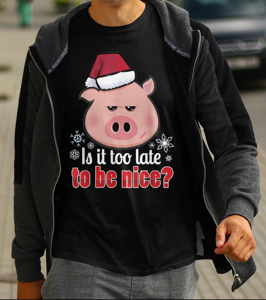 Is It Too Late To Be Nice Funny Pig Christmas Santa Hat T-Shirt