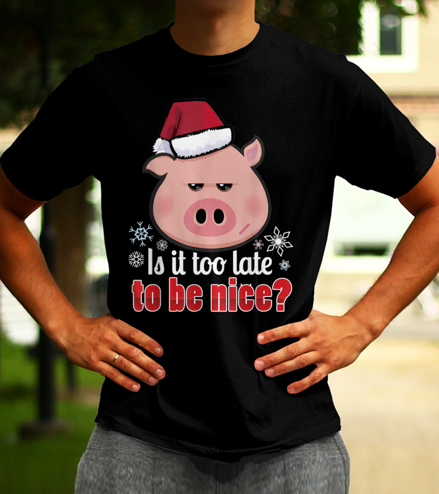 Is It Too Late To Be Nice Funny Pig Christmas Santa Hat T-Shirt