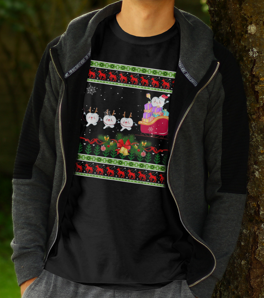 Funny Christmas Tree Dental Snowmen In Santa's Sleigh T-Shirt
