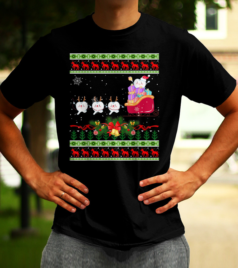 Funny Christmas Tree Dental Snowmen In Santa's Sleigh T-Shirt