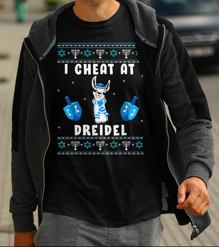 I Cheat At Dreidel Funny Ugly Hanukkah Chanukah Llama Menorah Stars Of David T-Shirt