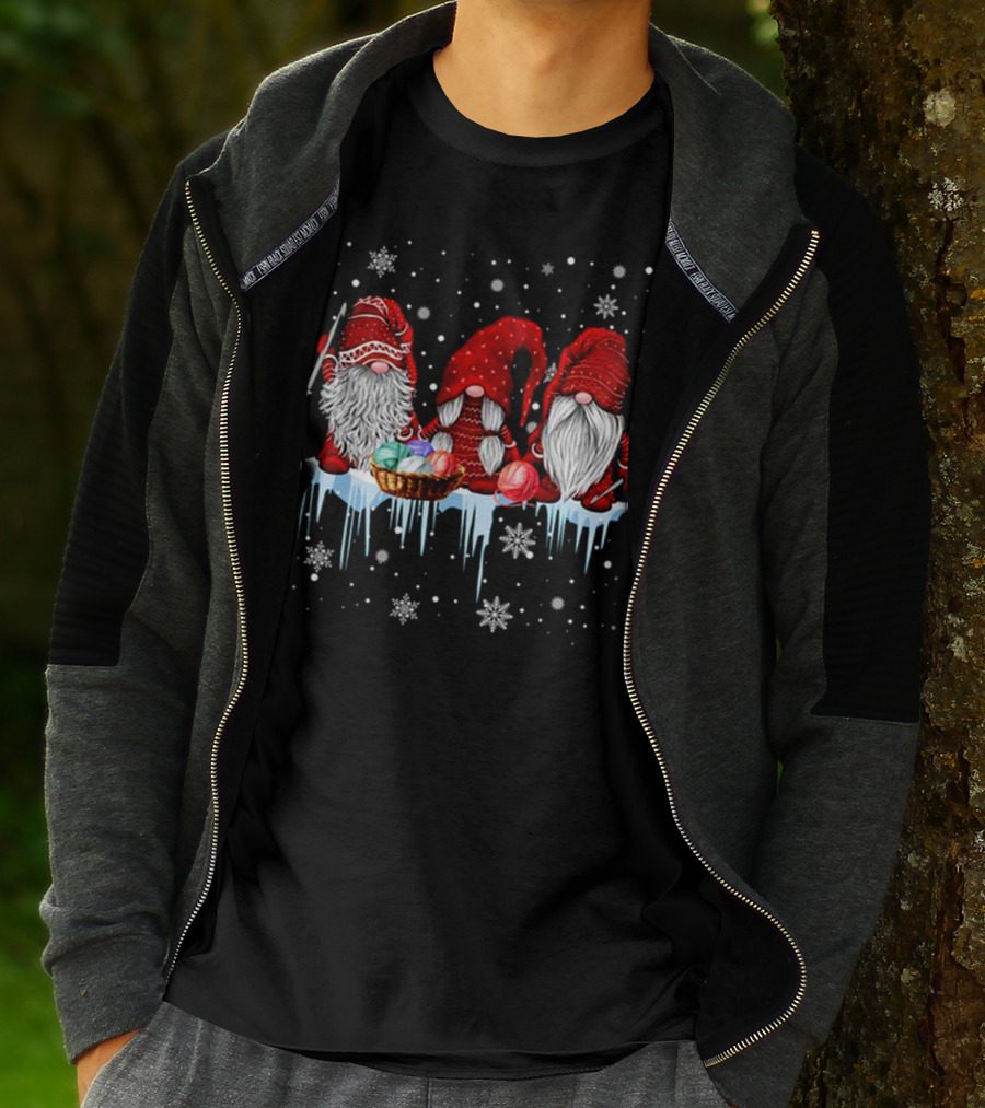 Hanging With Red Gnomies Crochet Funny Gnome Snowflakes And Yarn On Ice T-Shirt
