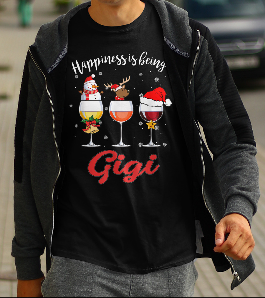 Happiness Is Being A Gigi Christmas Wine Glass Snowman Reindeer Santa Hat T-Shirt