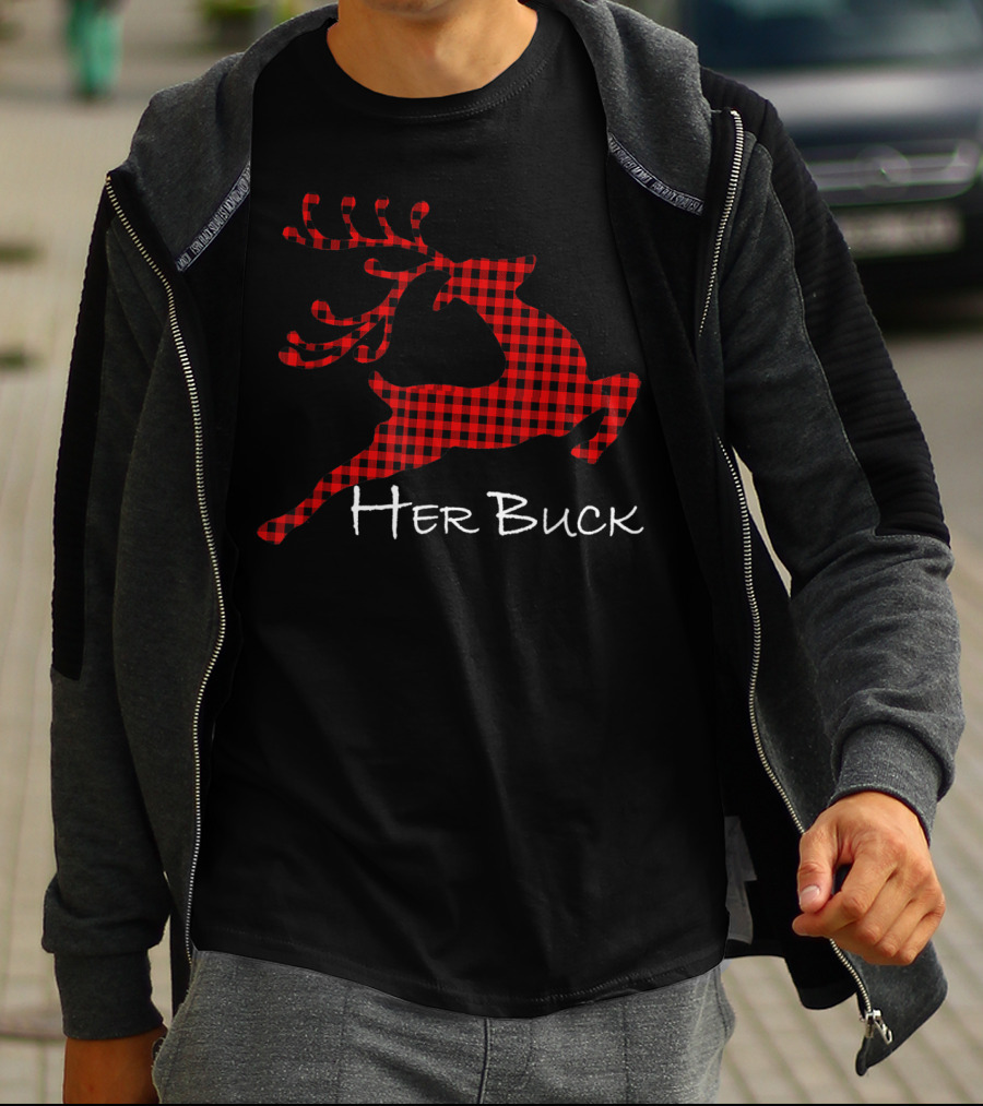 Her Buck Red Plaid Reindeer Couples Matching T-Shirt