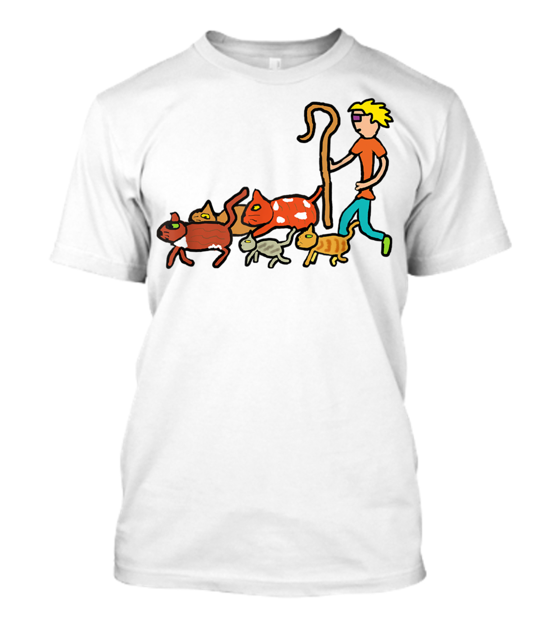 Herding Cats Cartoon Shepherd With Colorful Cats Scene T-Shirt