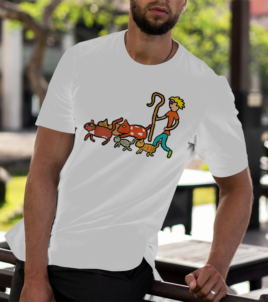 Herding Cats Cartoon Shepherd With Colorful Cats Scene T-Shirt