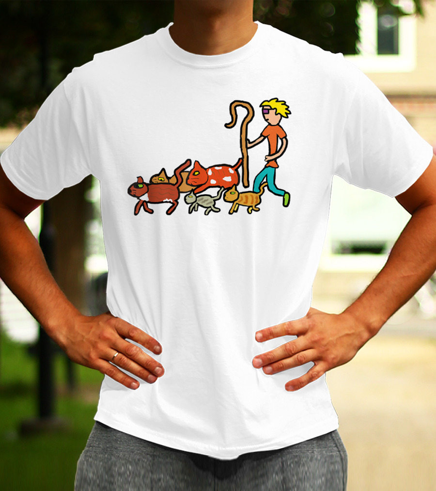 Herding Cats Cartoon Shepherd With Colorful Cats Scene T-Shirt