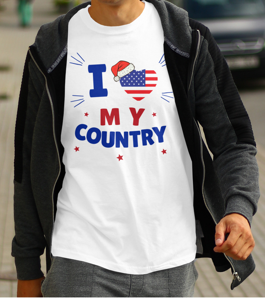 I Love My Country Heart Flag Santa Hat Patriotic Merry Christmas T-Shirt