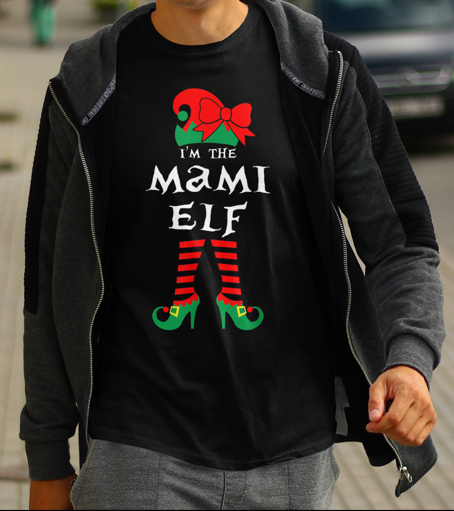 I'm The Mami Elf Striped Leg Red Bow Hat T-Shirt