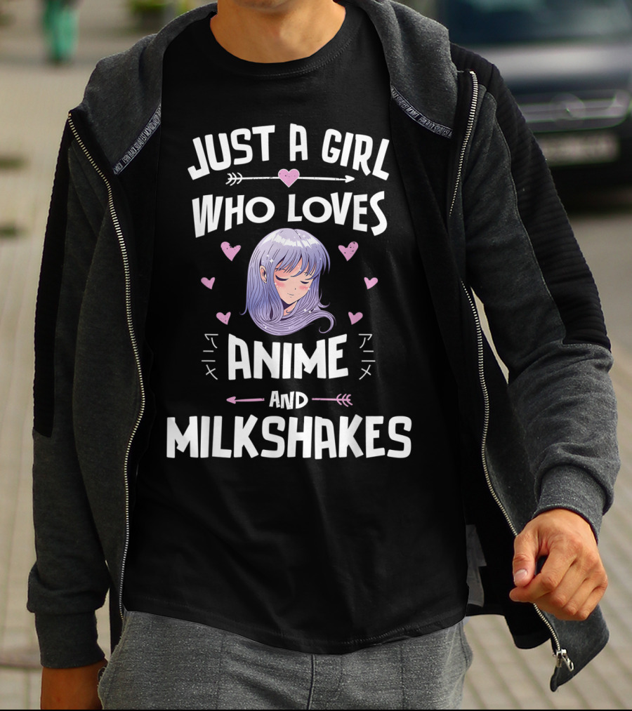 Just A Girl Who Loves Anime And Milkshakes With Purple Hair And Hearts T-Shirt