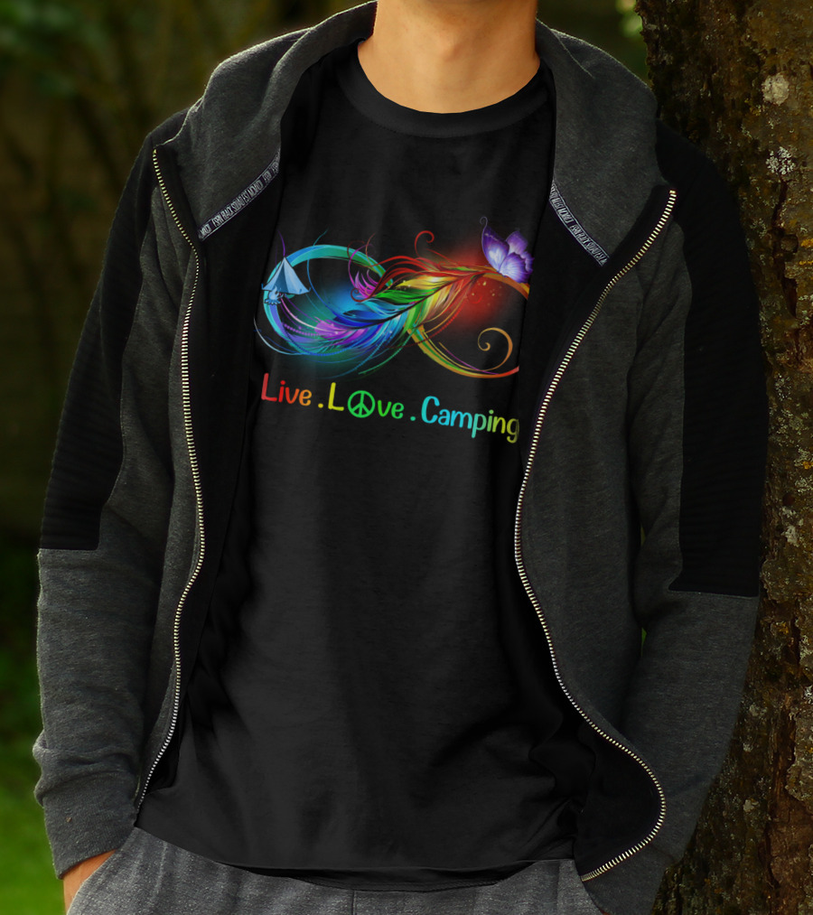 Live Love Camping Hippie Peace Infinity Rainbow Feather Tent Butterfly T-Shirt