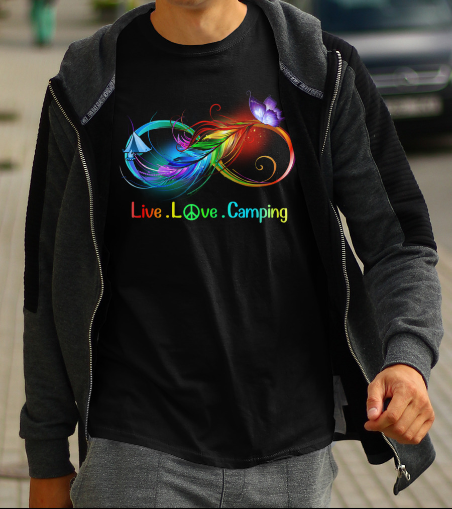 Live Love Camping Hippie Peace Infinity Rainbow Feather Tent Butterfly T-Shirt
