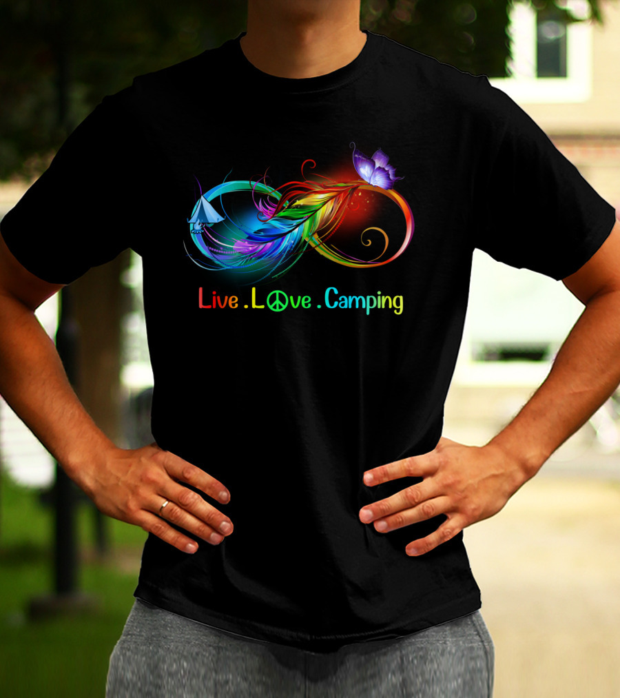 Live Love Camping Hippie Peace Infinity Rainbow Feather Tent Butterfly T-Shirt