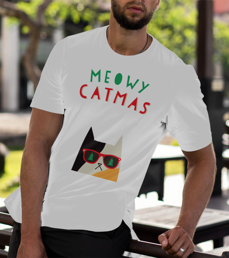 Meowy Catmas Christmas Calico Cat With Sunglasses And Trees T-Shirt