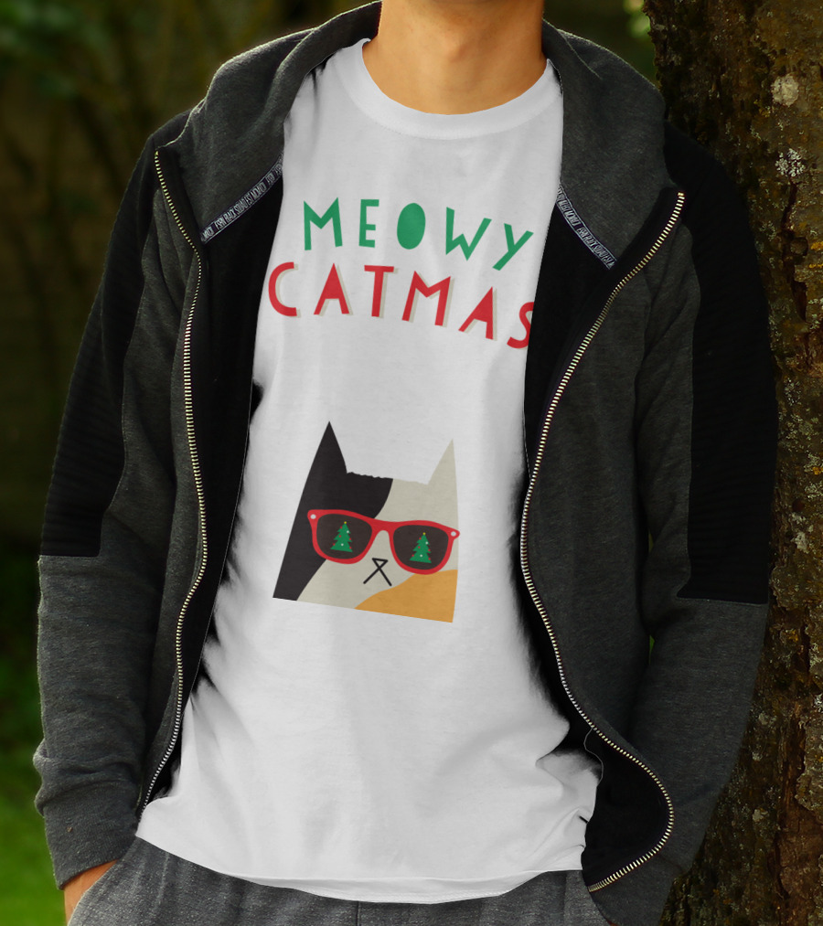 Meowy Catmas Christmas Calico Cat With Sunglasses And Trees T-Shirt
