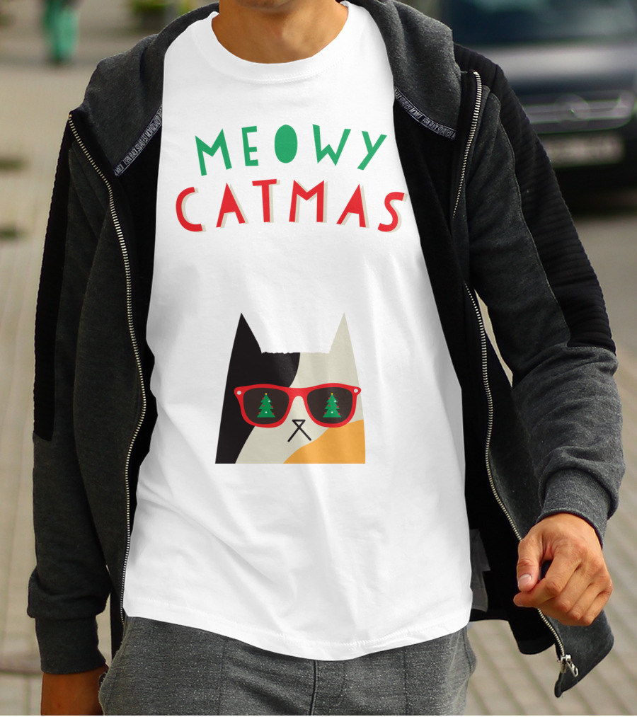 Meowy Catmas Christmas Calico Cat With Sunglasses And Trees T-Shirt