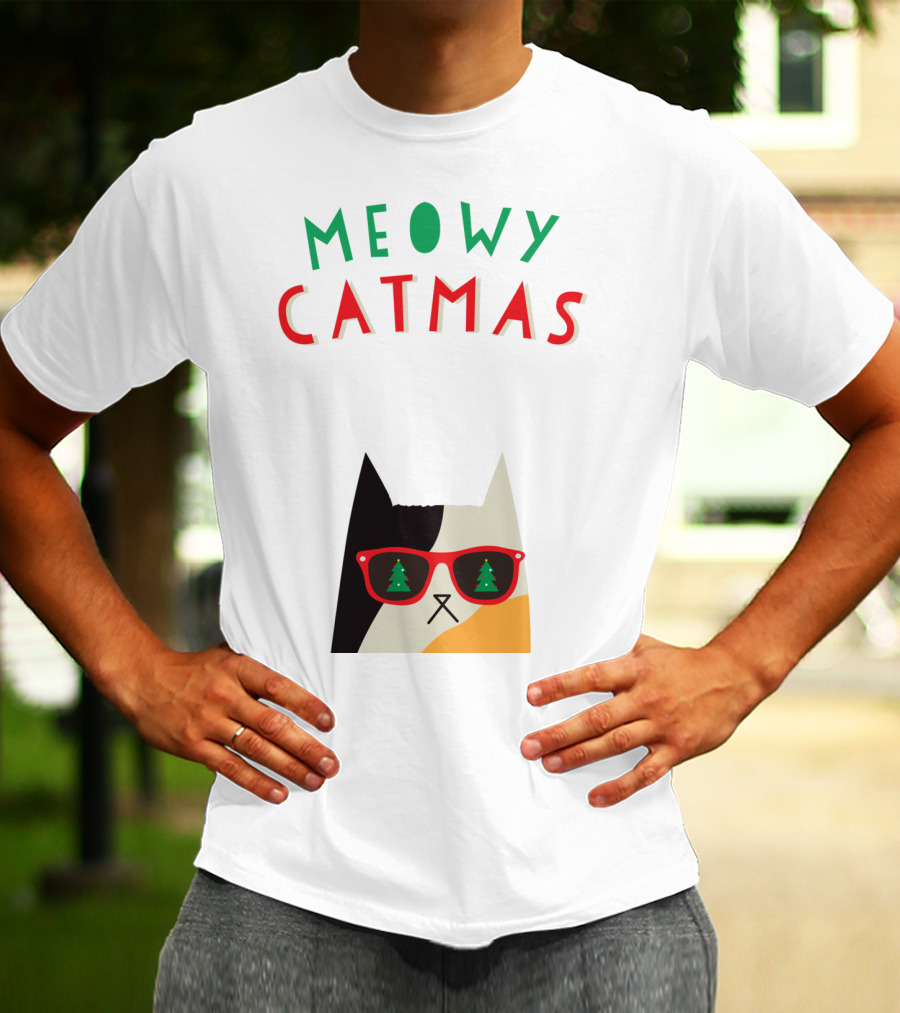 Meowy Catmas Christmas Calico Cat With Sunglasses And Trees T-Shirt