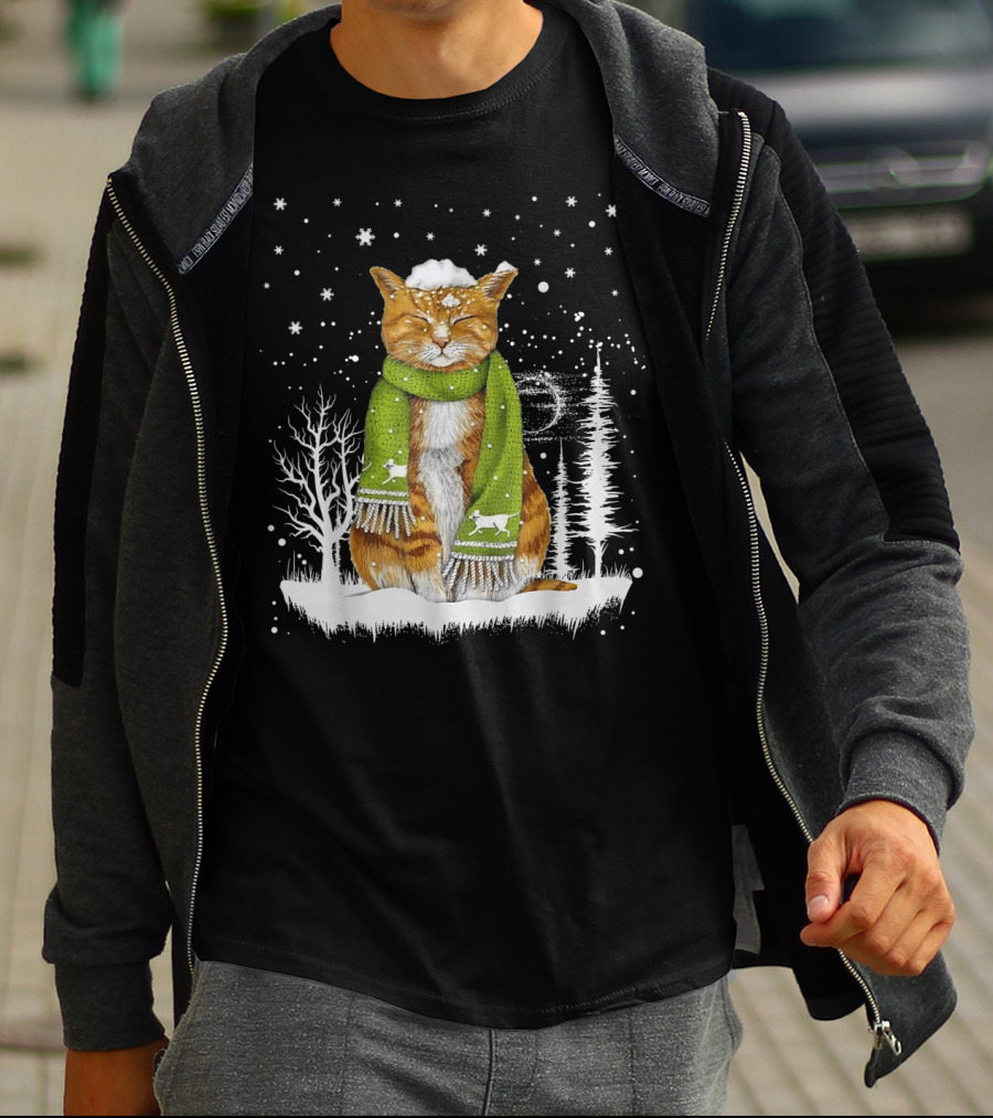 Meowy Xmas Christmas Cats In Snow With Green Scarf And Reindeer T-Shirt