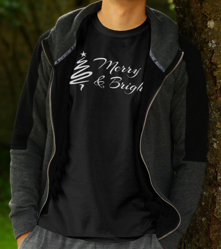 Merry And Bright Christmas Tree Design With Swirling Star Topper T-Shirt