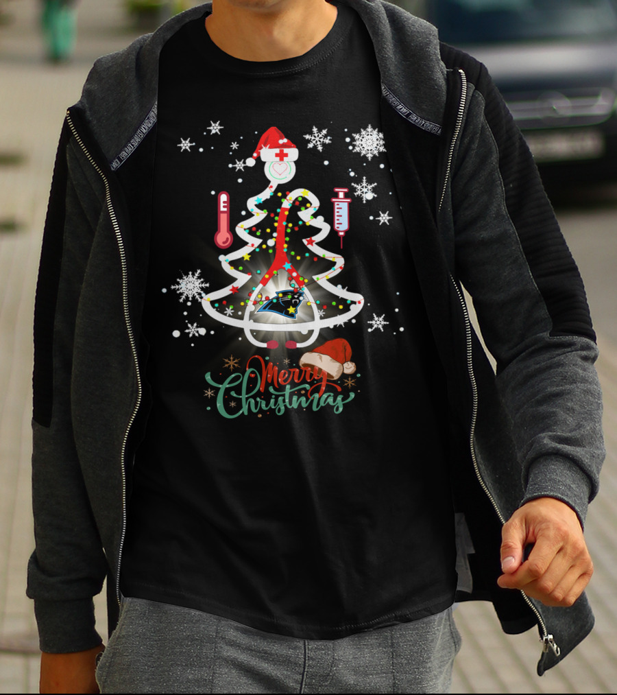 Merry Christmas Carolina Panthers Nurse Football Tree T-Shirt