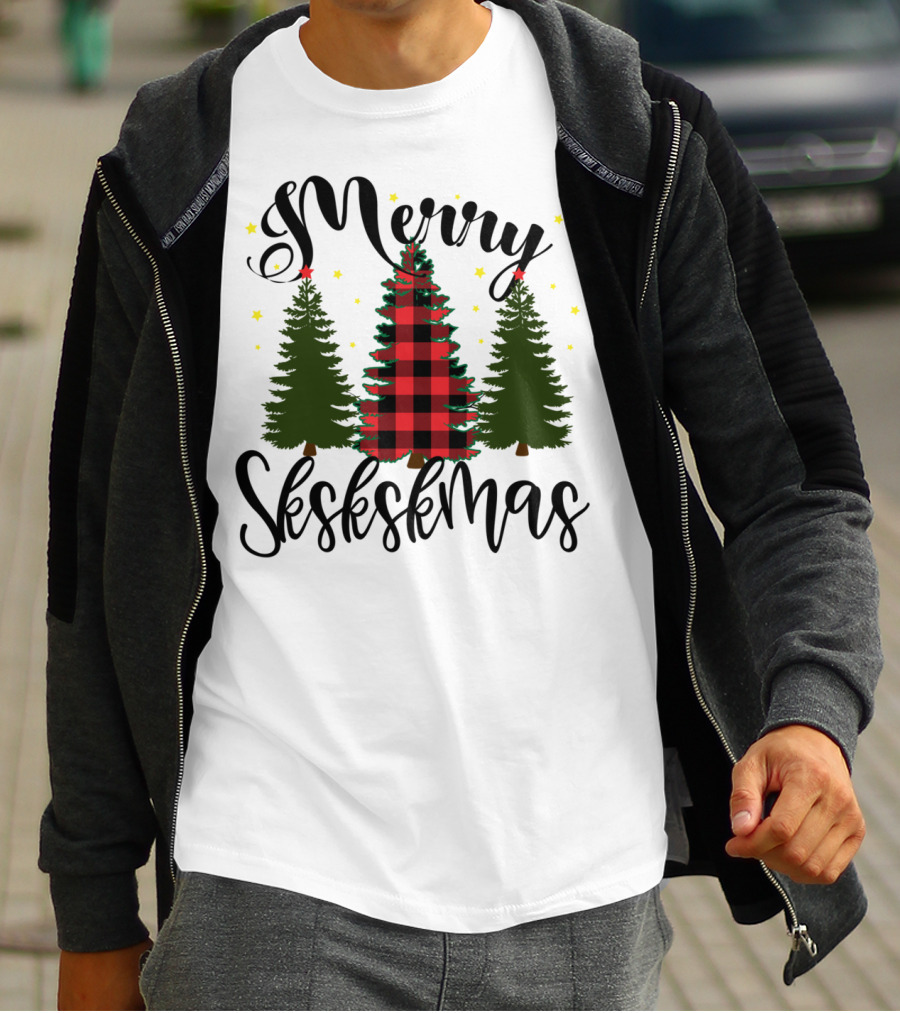 Merry Skskskmas Plaid Trees Scrunchie Visco Holiday T-Shirt