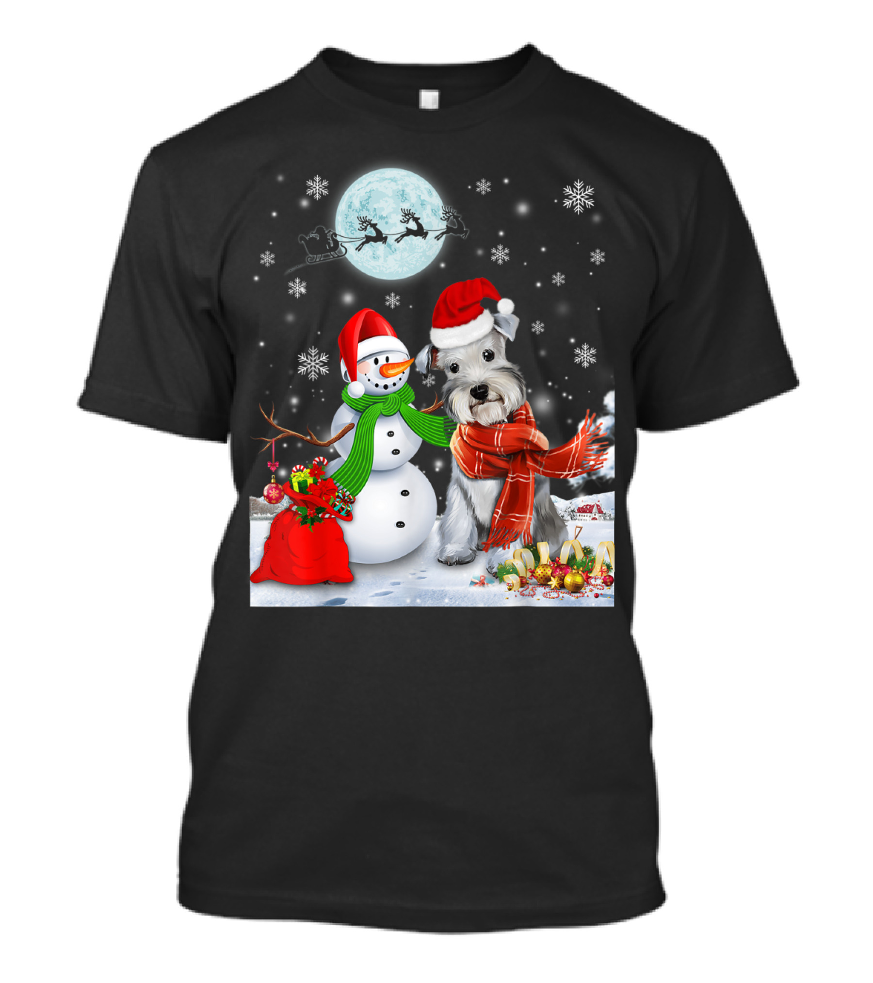 Miniature Schnauzer Santa Snowman Christmas Moon Snowflakes T-Shirt