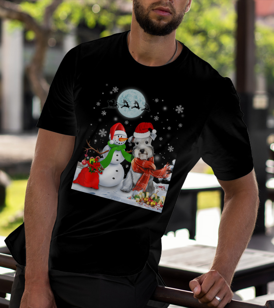 Miniature Schnauzer Santa Snowman Christmas Moon Snowflakes T-Shirt