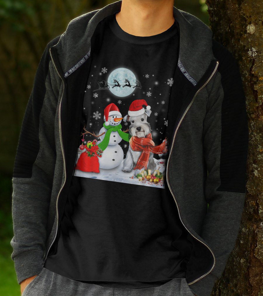 Miniature Schnauzer Santa Snowman Christmas Moon Snowflakes T-Shirt