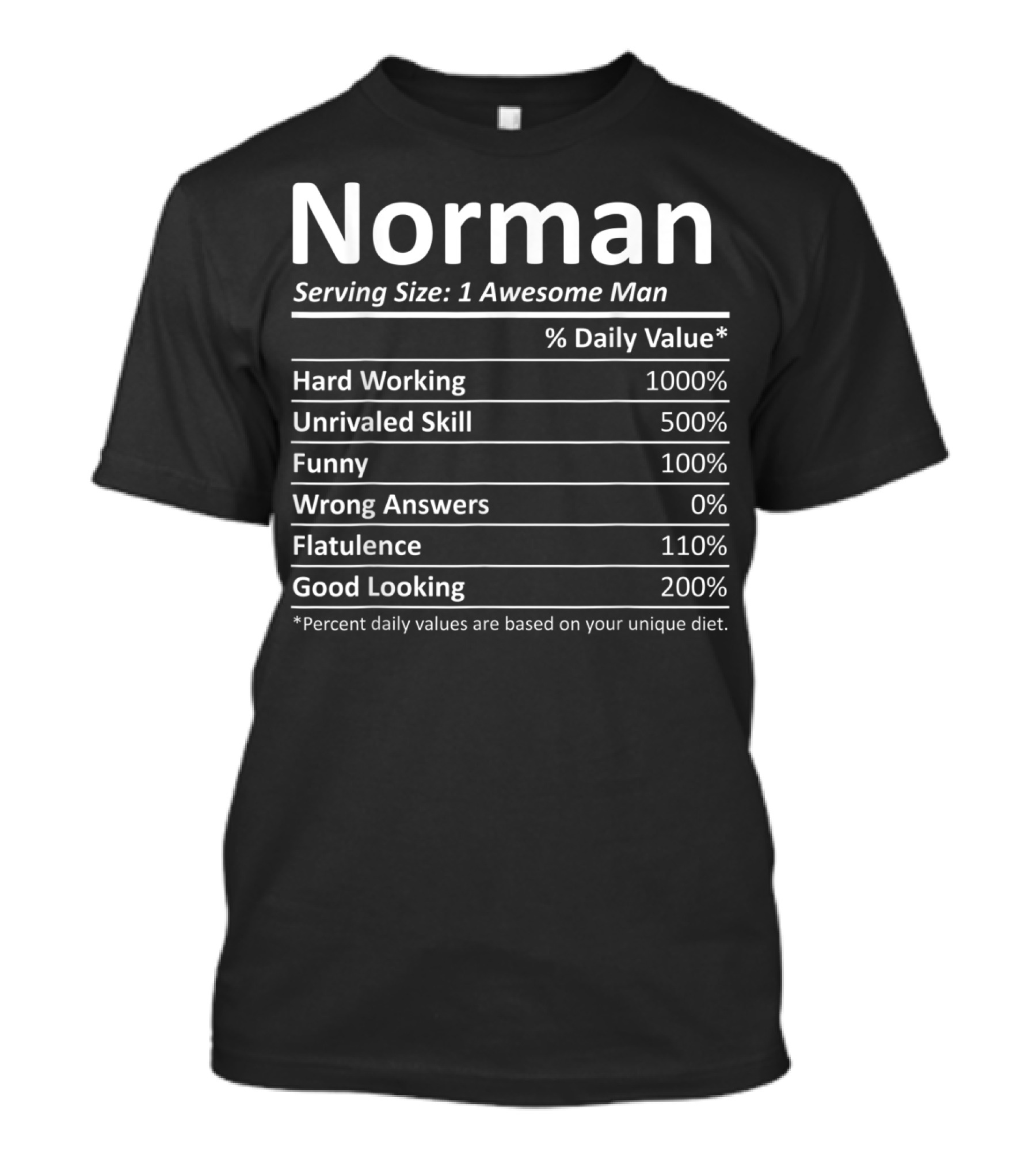 Norman Serving Size 1 Awesome Man Hard Working Unrivaled Skill Funny Zero Wrong Answers Flatulence Good Looking T-Shirt